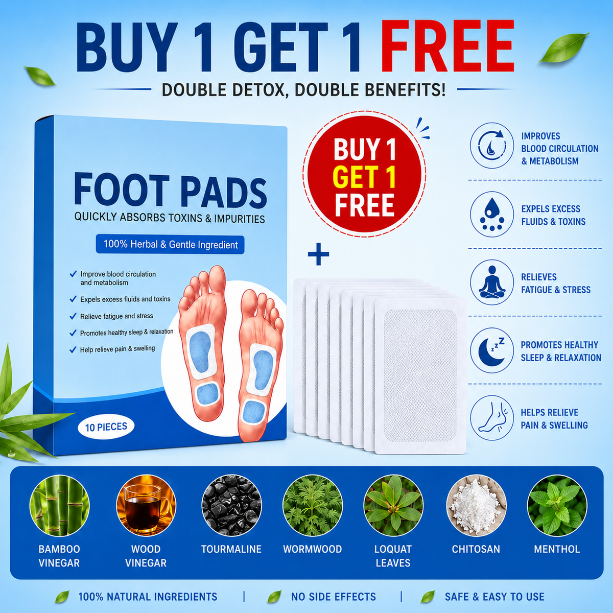 Herbal And Gentle Ingredient Detox Foot Pads | Buy 1 Get 19